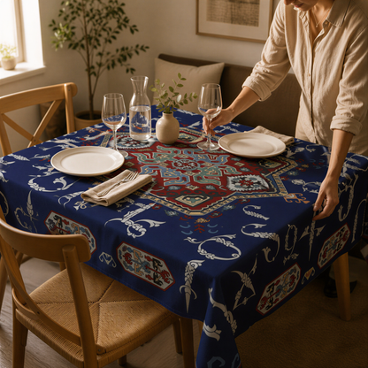 Navy Armenian alphabet tablecloth in use, a person setting plates and glasses