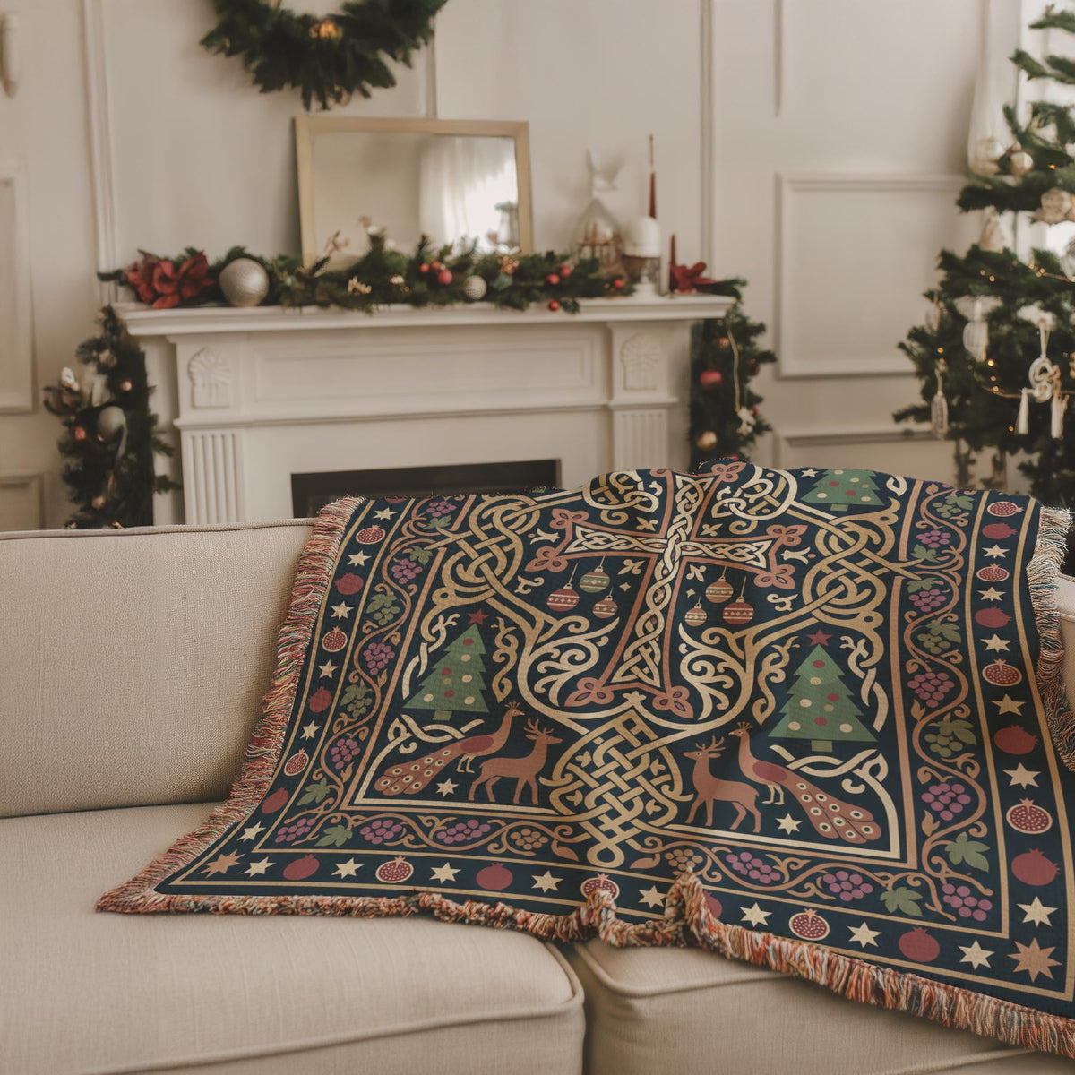 Armenian cross Christmas woven blanket draped over a beige sofa in a living room with a decorated fireplace