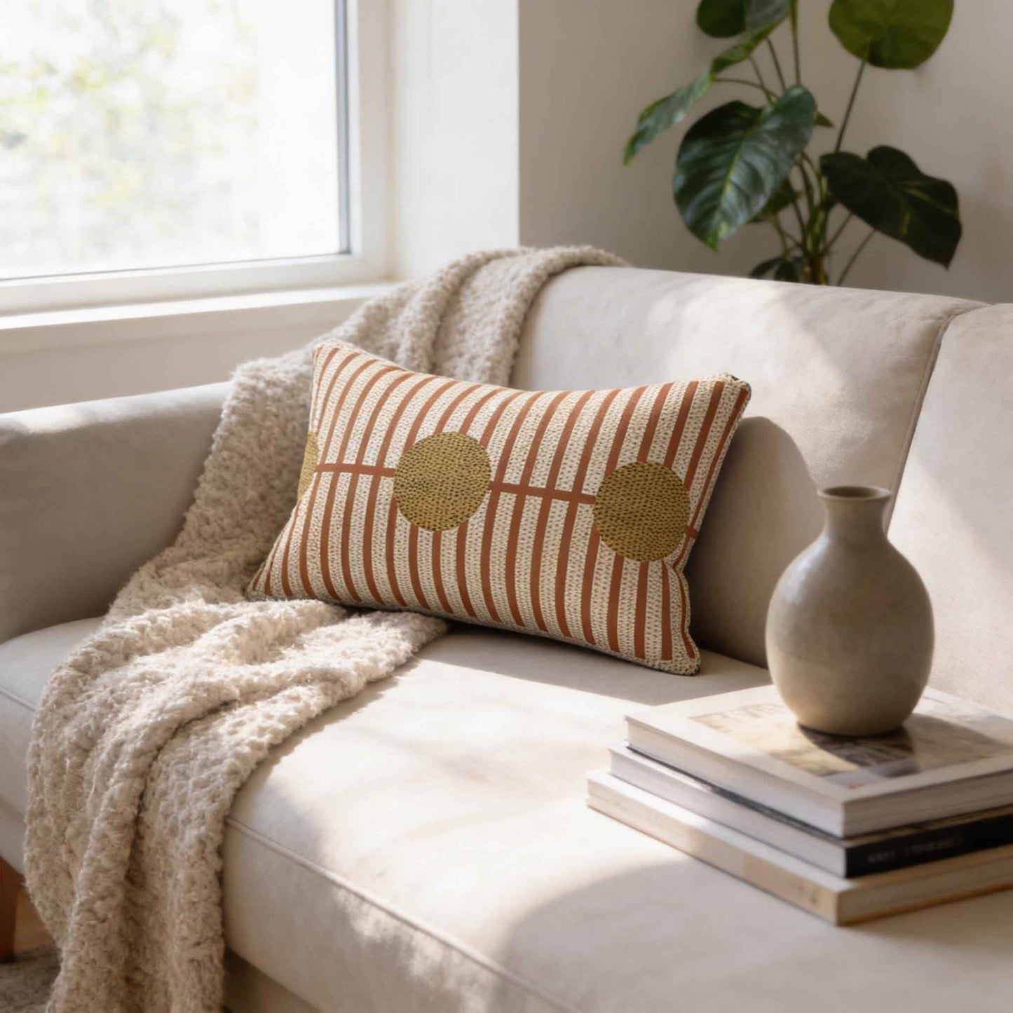 Scandinavian Inspired throw pillow with geometric pattern styled on a sofa or bed