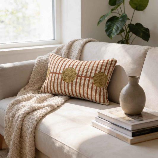 Scandinavian Inspired throw pillow with geometric pattern styled on a sofa or bed