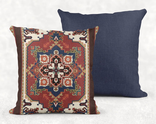 Persian Rug Pillow – Woven Decorative Boho Throw Pillow With Rust Blue Beige Pattern