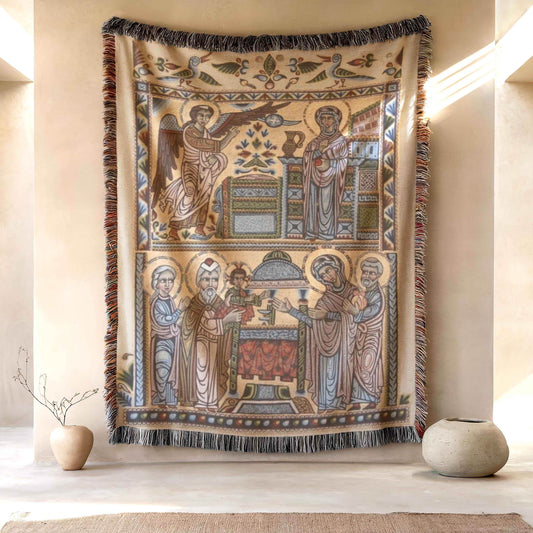 Armenian Tapestry Throw – Faith Inspired Decor With Annunciation Scene Cotton Throw - timelessbohochic.com