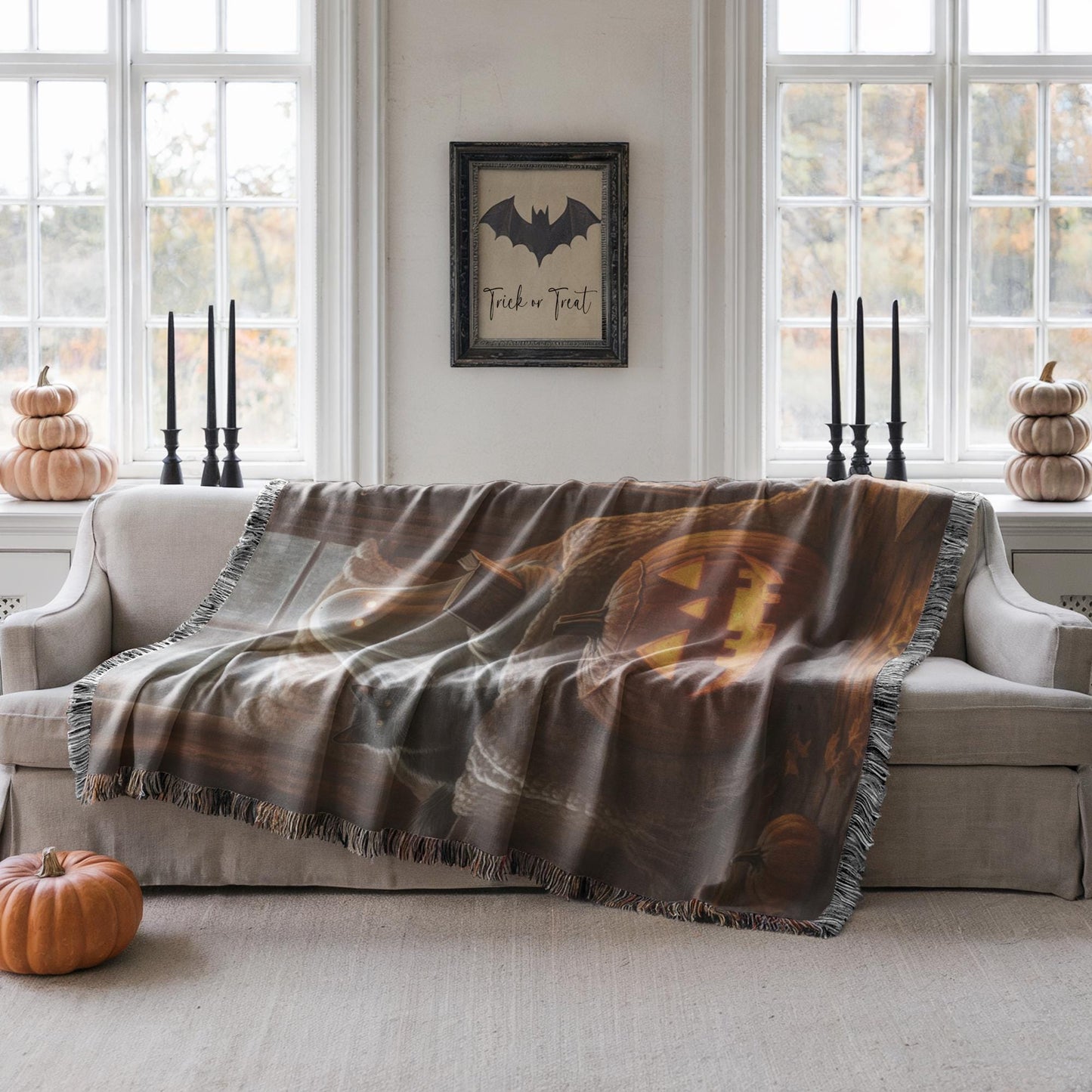 Halloween Throw Blanket - Ghost Cotton Woven Throw with Black Cat Pumpkin Design