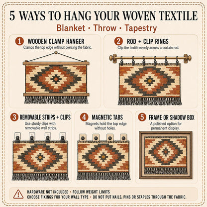 Card showing five ways to hang a woven wall textile, from a wooden clamp hanger to a frame