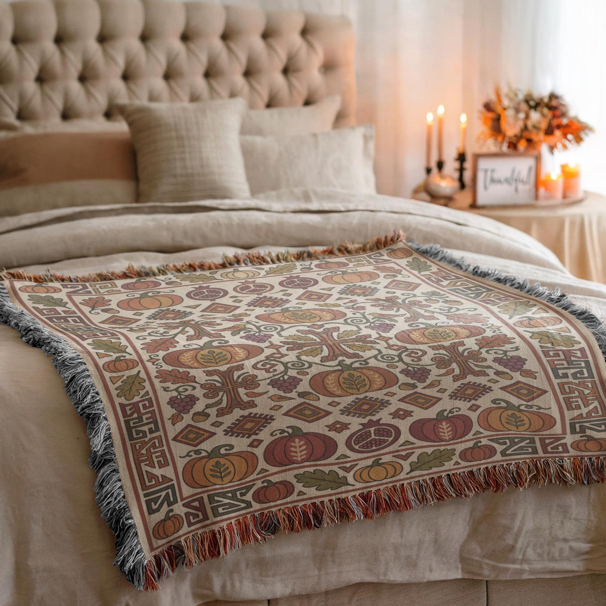 Cream and rust Ghapama woven blanket layered across a bed with a beige comforter