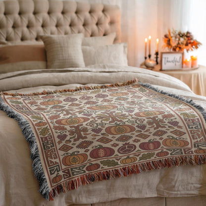 Cream and rust Ghapama woven blanket layered across a bed with a beige comforter