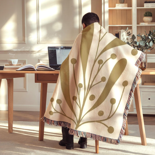 Woven Office Blanket - Mid Century Modern Linden Leaf Cotton Throw with Fringed Edges