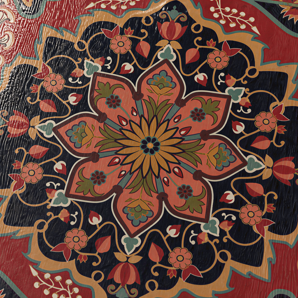 Close view of the navy centre medallion with a red and green floral rosette