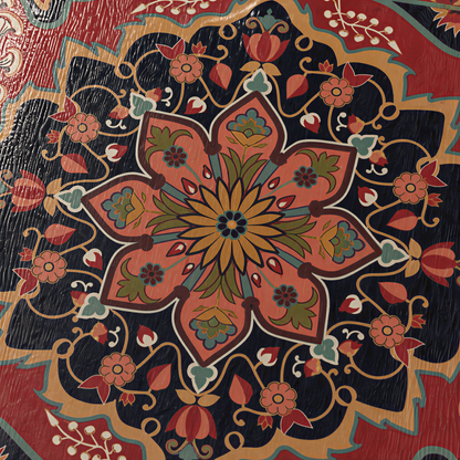 Close view of the navy centre medallion with a red and green floral rosette