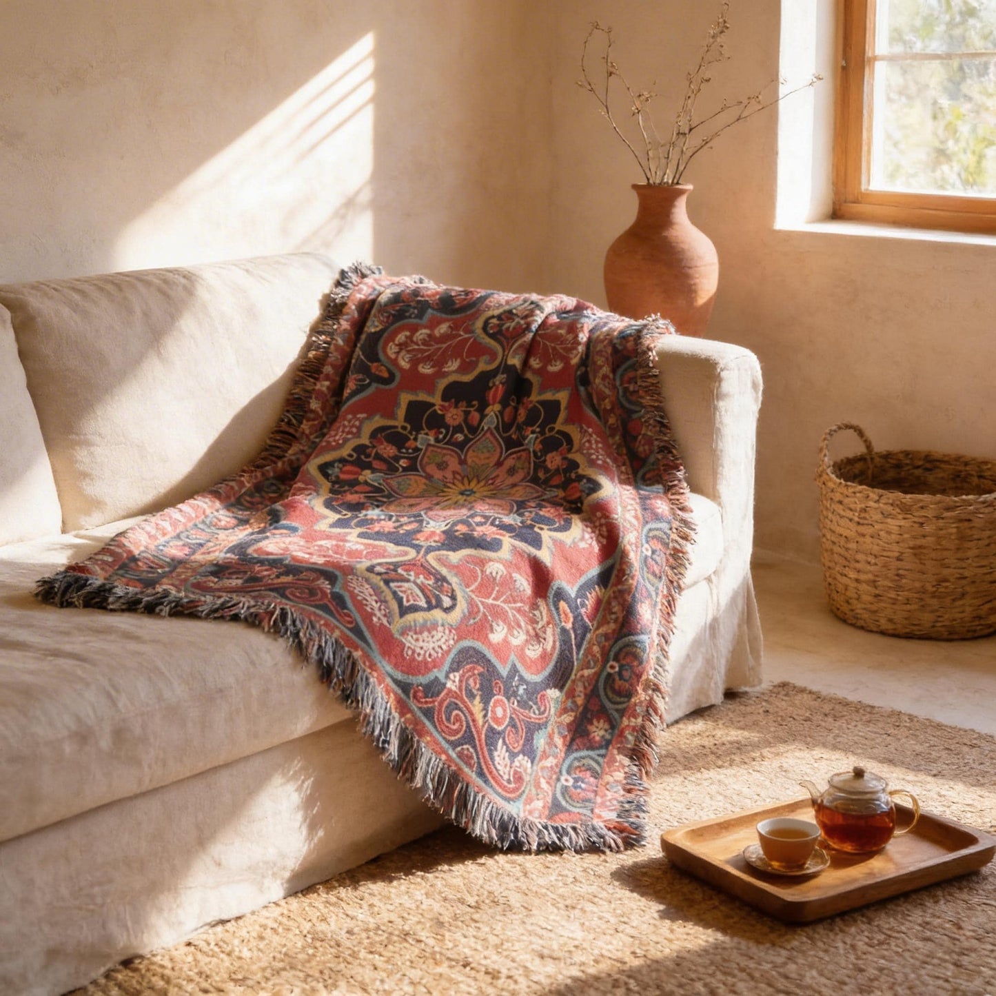 Caucasian Rug Inspired woven blanket with geometric pattern styled for layered home decor