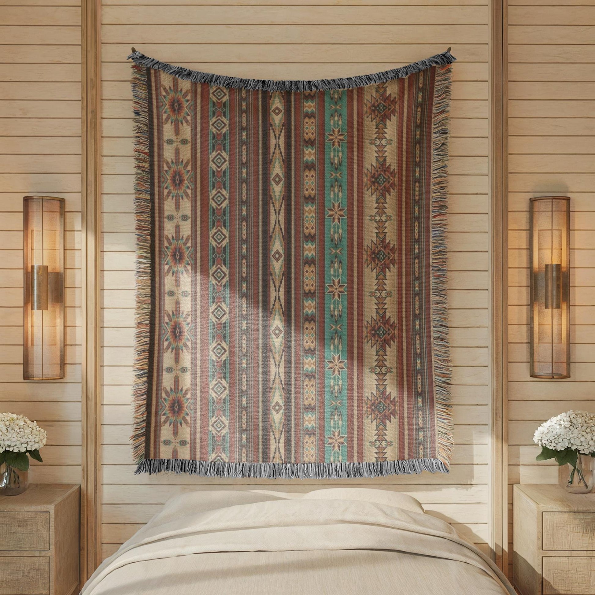 Navajo Pattern Bedding, Southwestern Inspired Bed Cover, Native American Blanket, Ethnic Bed Throw, Tribal Bedroom Decor,