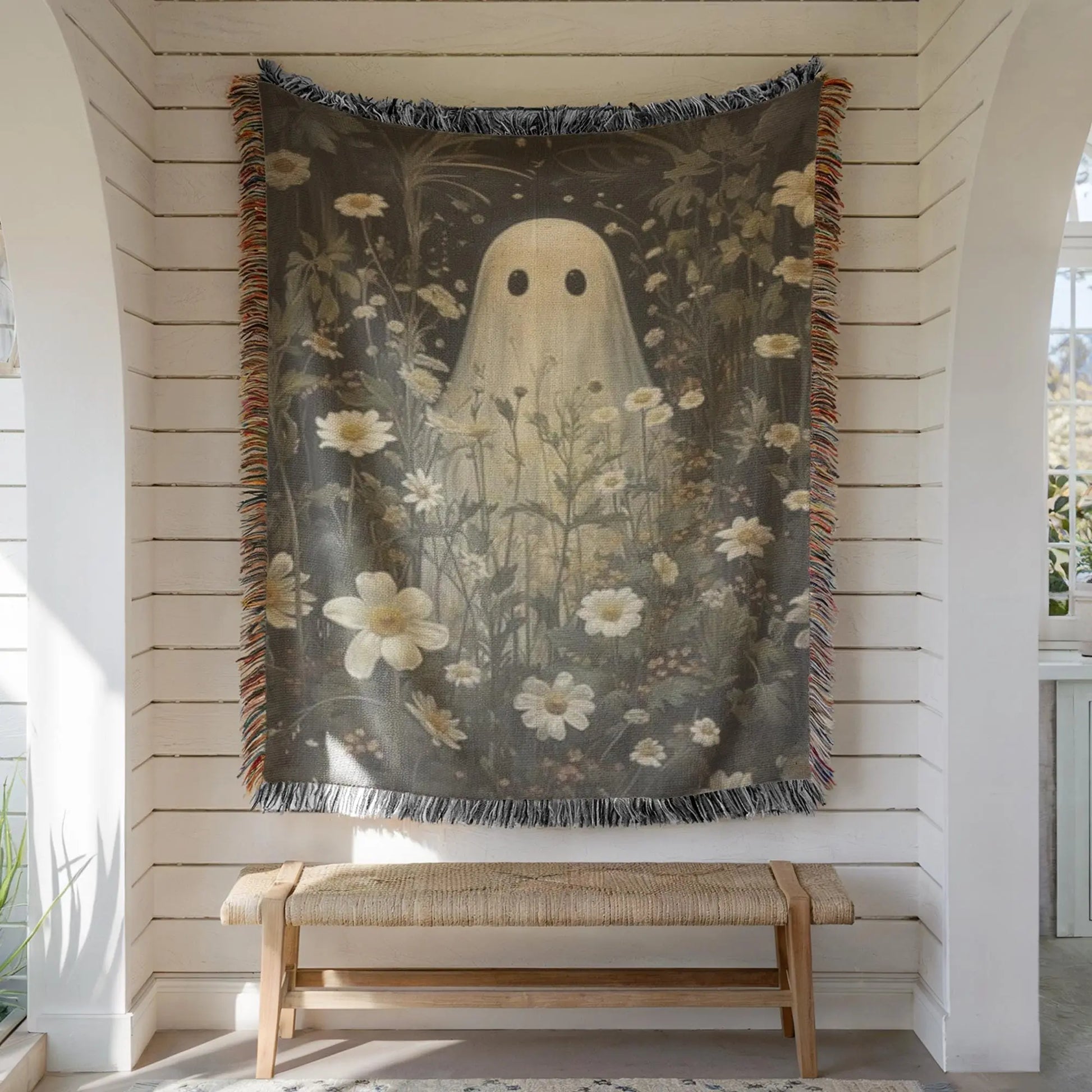 Woven Ghost Tapestry - Boho Gothic Throw With Floral Wildflower Decor
