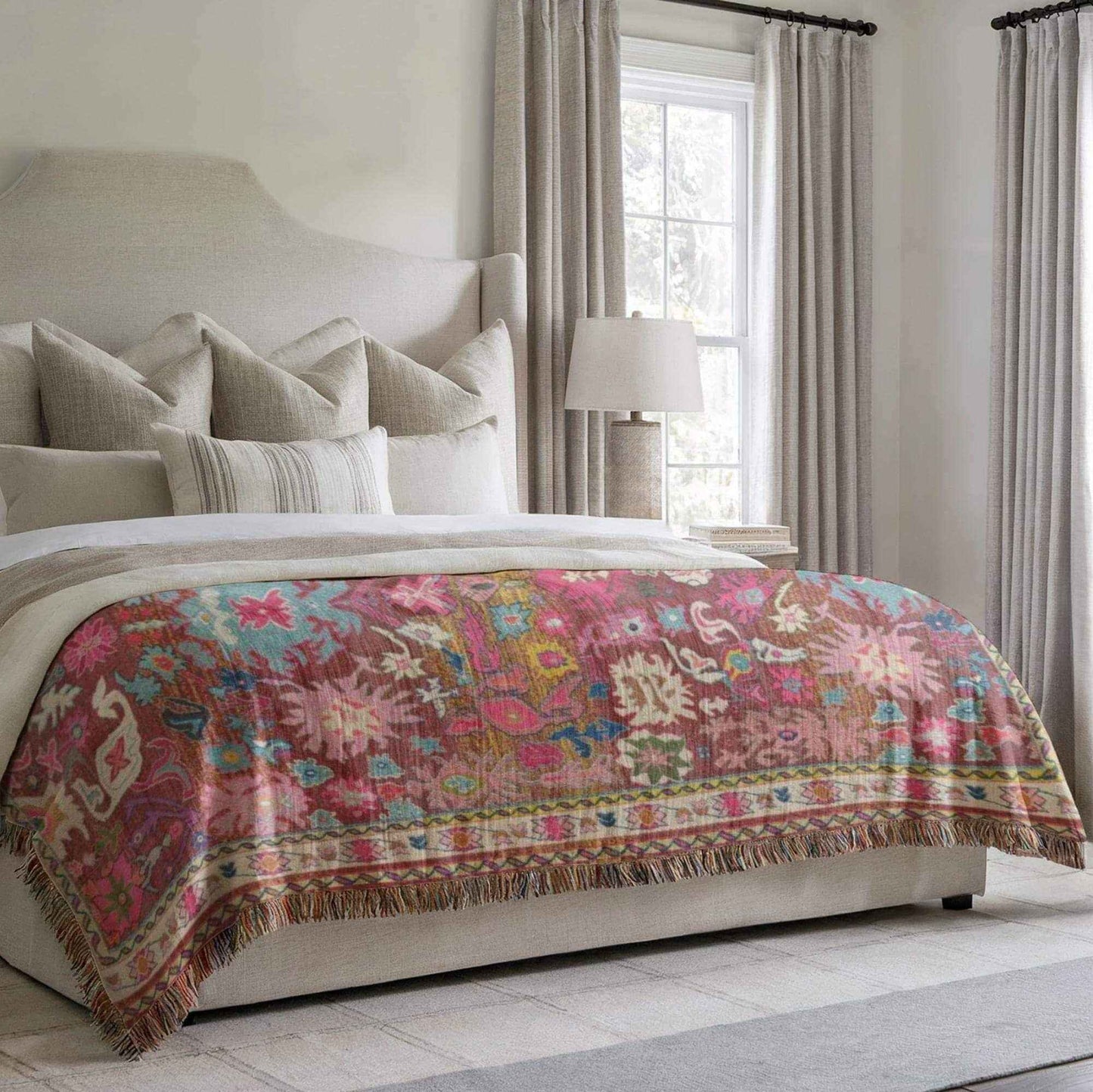 Caucasian Rug Inspired woven blanket with geometric pattern styled for layered home decor