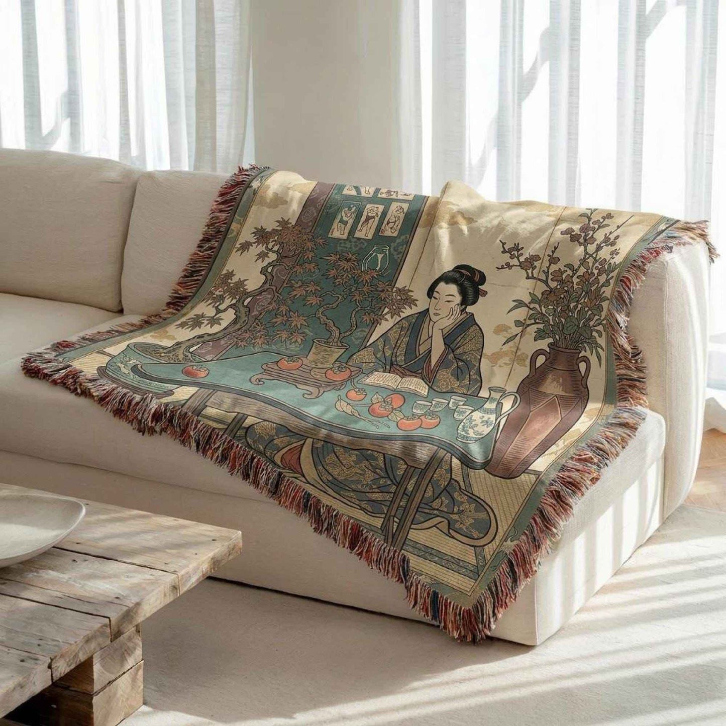 Boho woven blanket with woven pattern styled for layered home decor