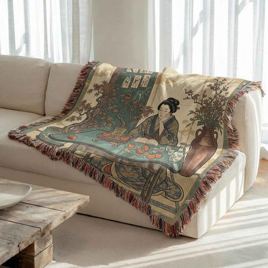 Boho woven blanket with woven pattern styled for layered home decor
