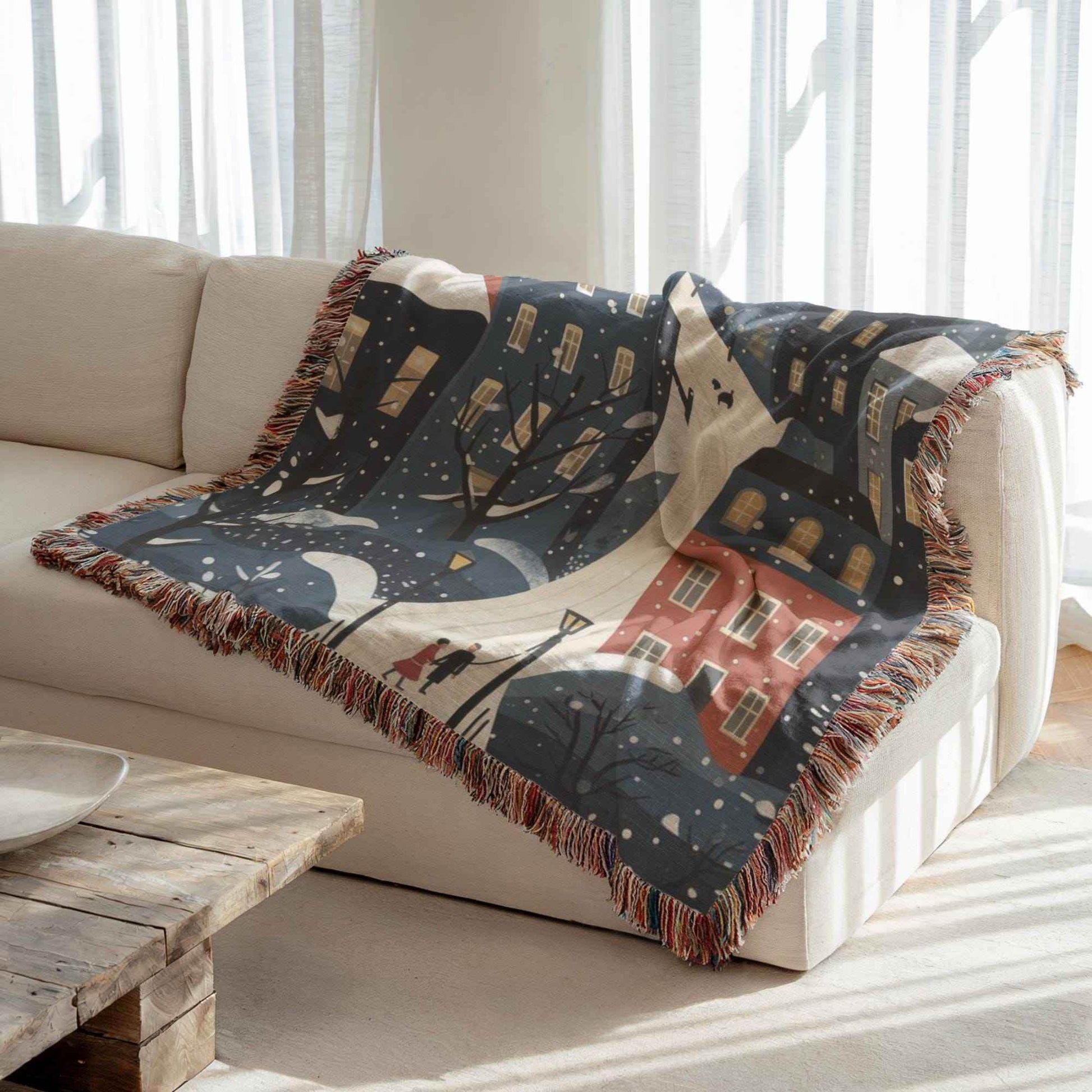 Christmas Village Throw Blanket - Cozy Cotton Holiday Throw With Fringed Edge - timelessbohochic.com