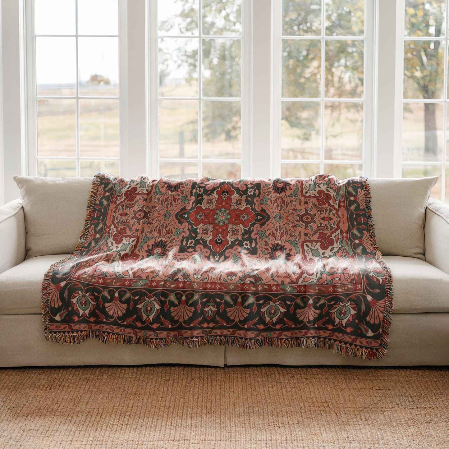 Anatolian Inspired woven blanket with rug-style pattern styled for layered home decor