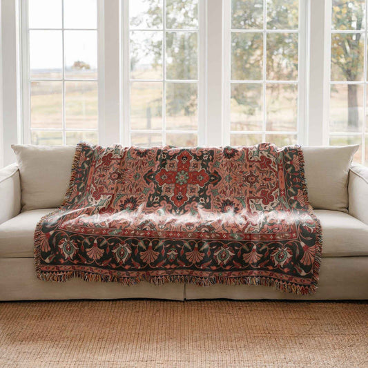 Anatolian Inspired woven blanket with rug-style pattern styled for layered home decor