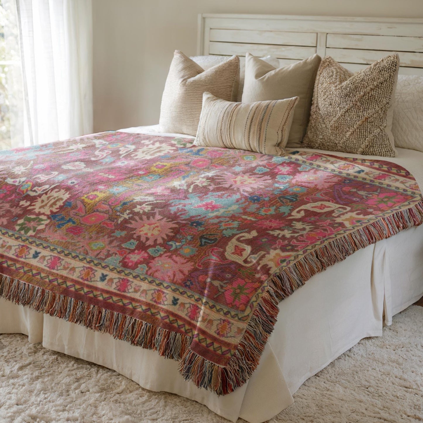 Caucasian Rug Inspired woven blanket with geometric pattern styled for layered home decor