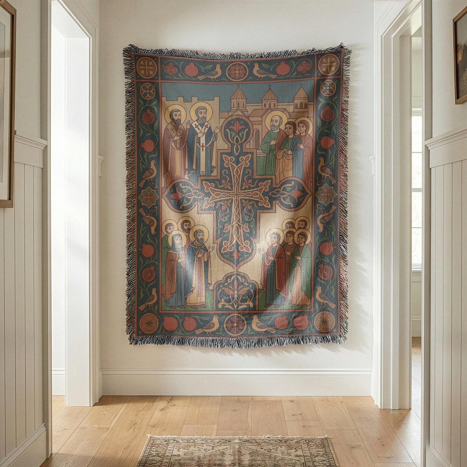 Woven cross wall hanging in sunlit hallway, ornate saints and Mount Ararat, vintage Byzantine look