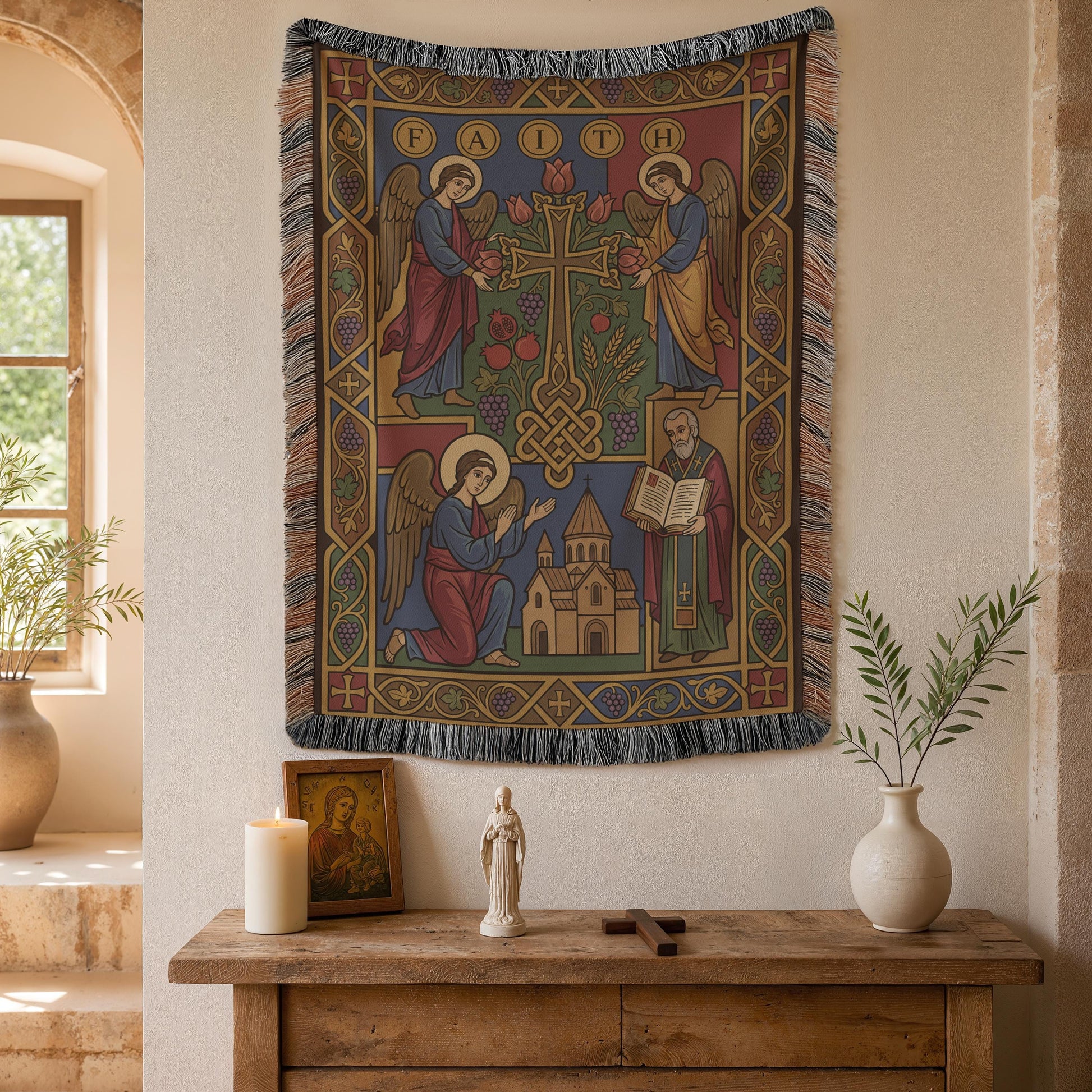 Armenian Christian wall tapestry above a wooden console with vases, ornate Armenian cross, elegant Armenian religious wall hanging styling.