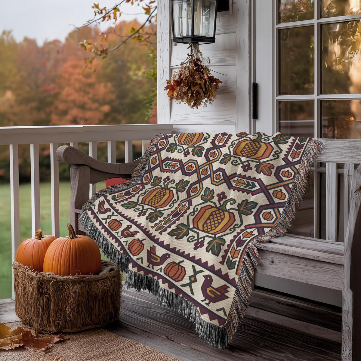 Geometric Armenian woven blanket on a porch bench beside two pumpkins