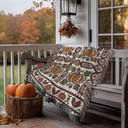 Geometric Armenian woven blanket on a porch bench beside two pumpkins