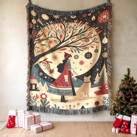 Cotton Christmas Wall Hanging – Festive Holiday Tapestry with Woven Folk Art Village - timelessbohochic.com