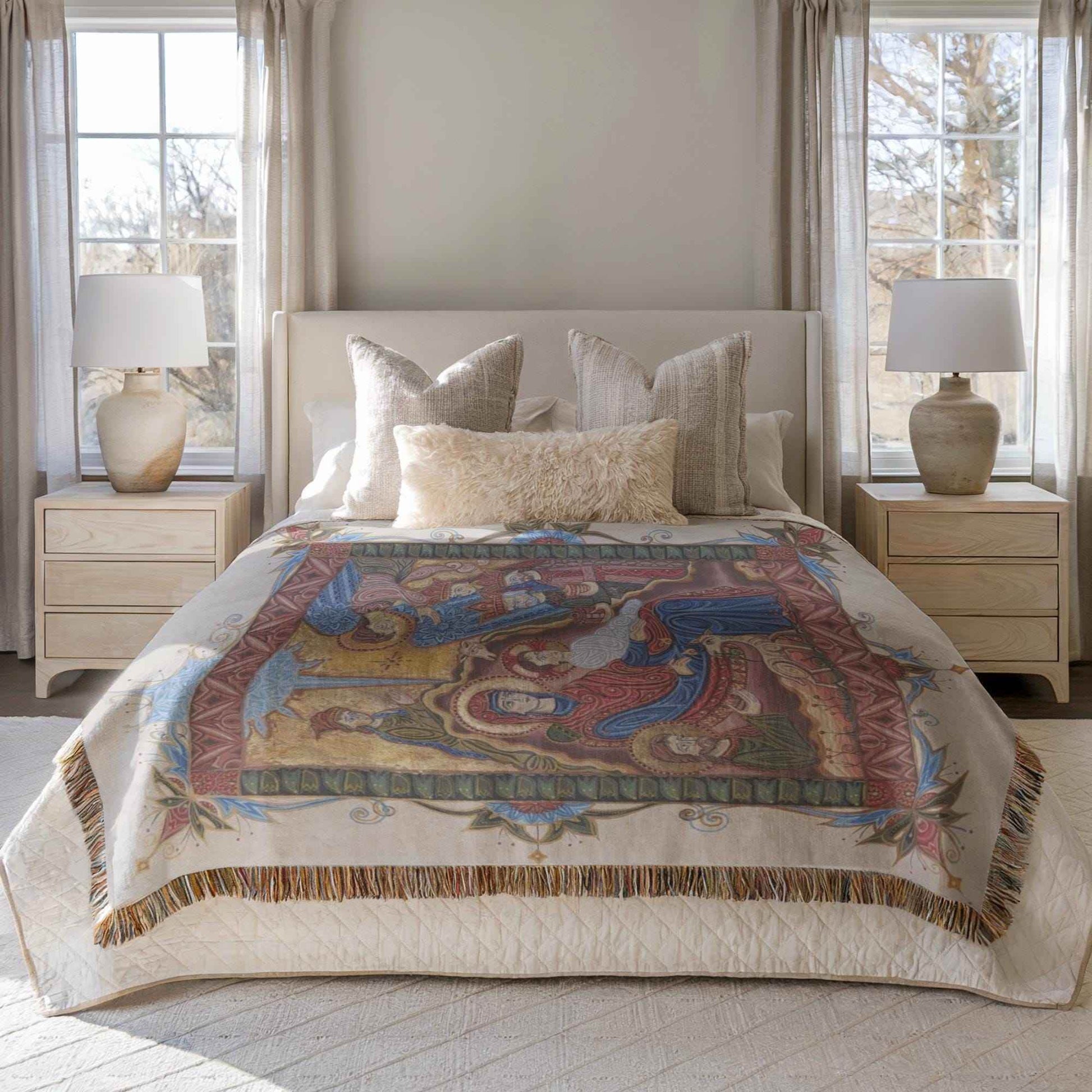 Armenian Tapestry Throw – Christmas Nativity Scene | Soft Cotton Blanket - timelessbohochic.com