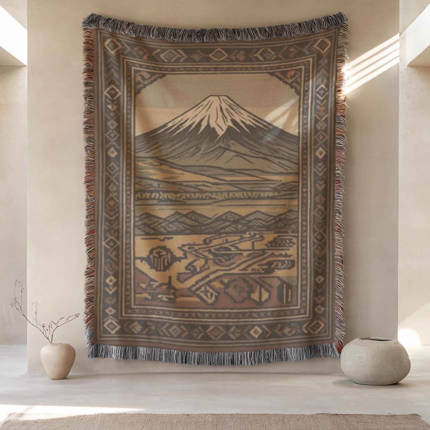Armenian Throw Blanket – Annunciation Tapestry Cotton Decorative Throw with Mount Ararat Design - timelessbohochic.com