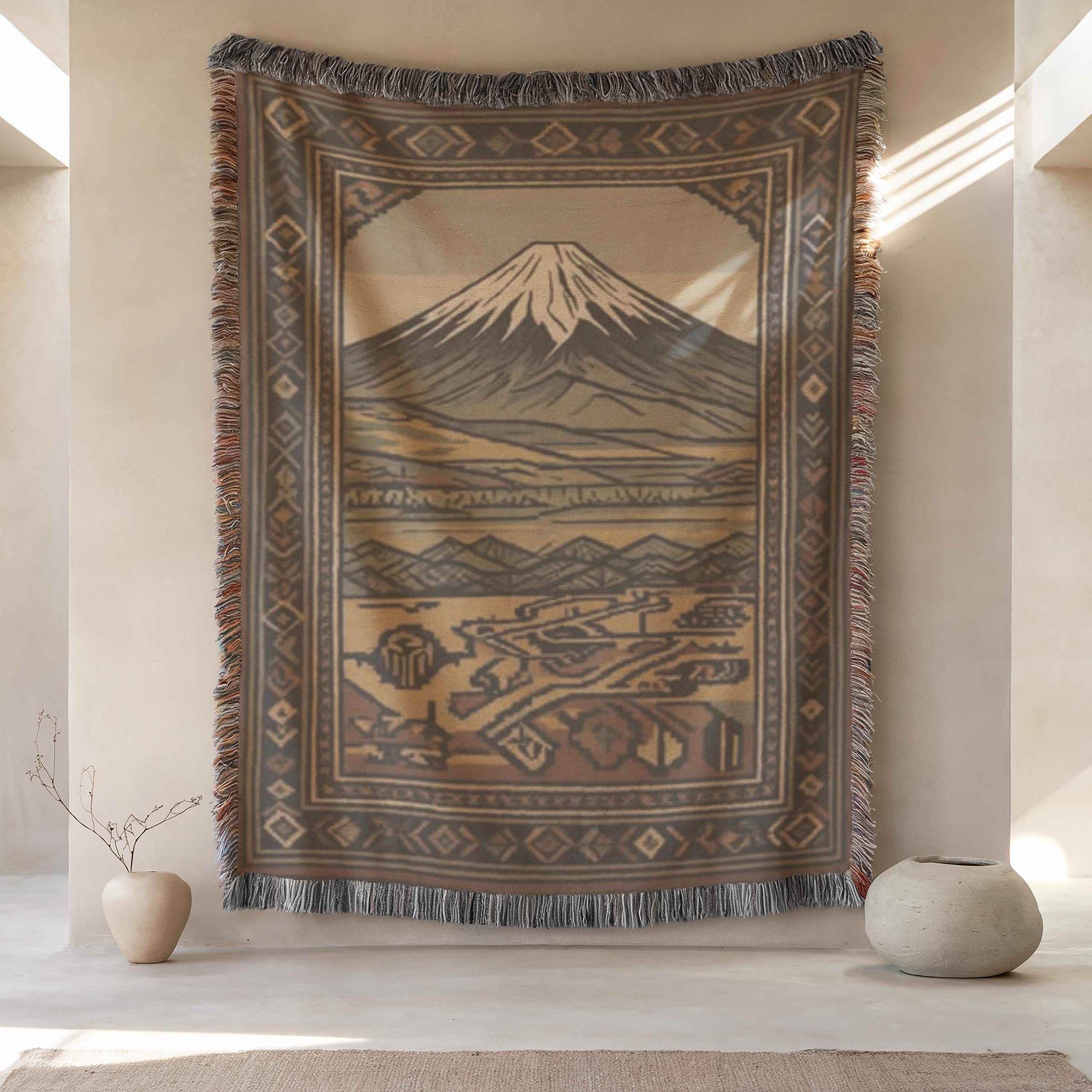 Armenian Throw Blanket – Annunciation Tapestry Cotton Decorative Throw with Mount Ararat Design - timelessbohochic.com