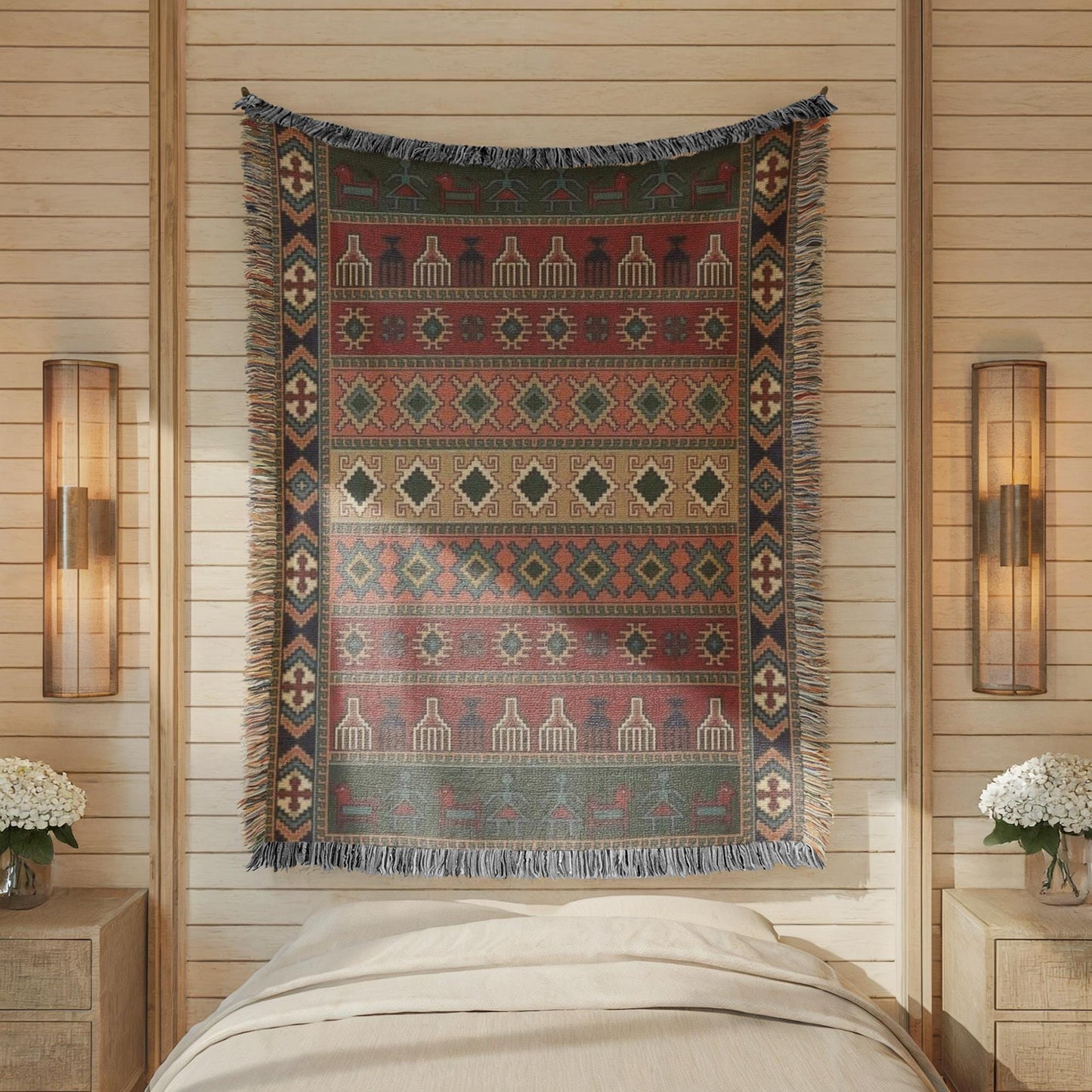 Southwestern woven wall tapestry with geometric pattern styled as textile wall decor
