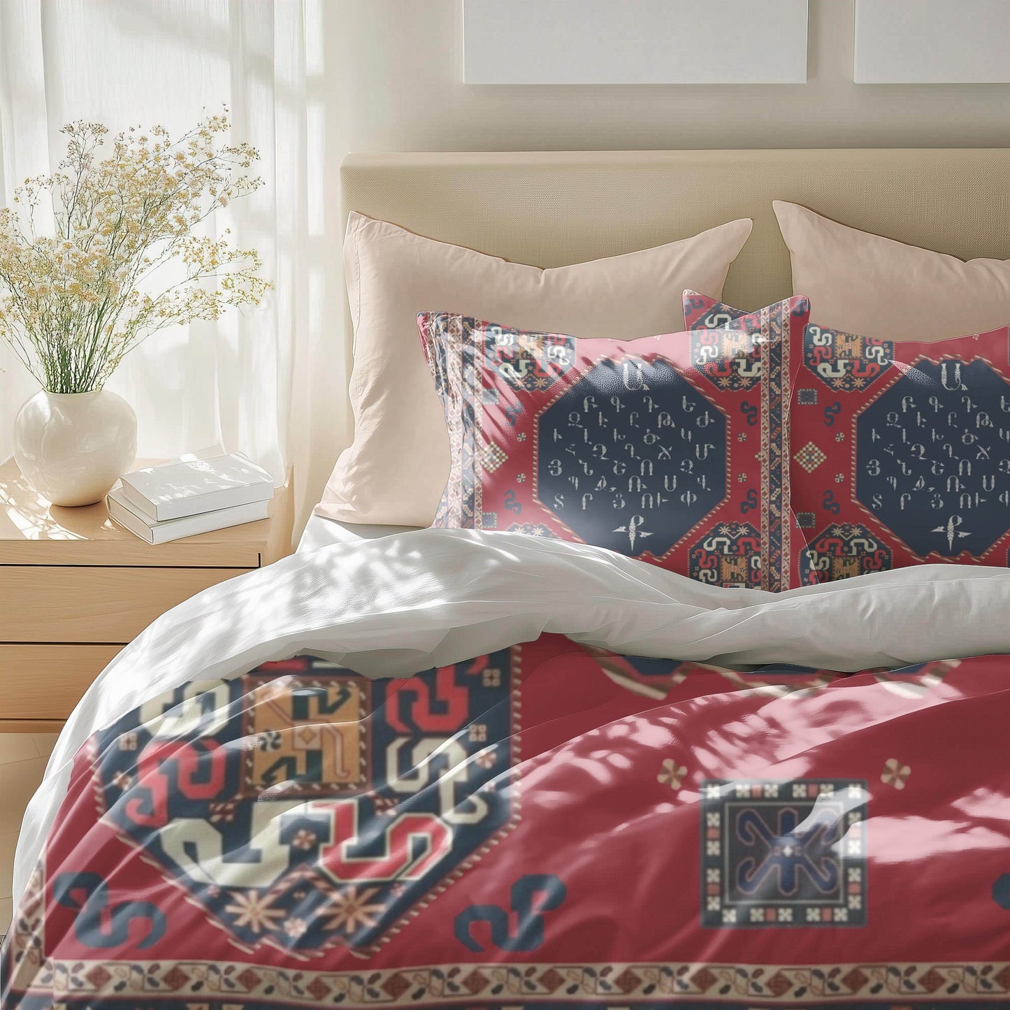 Armenian Alphabet Duvet - Personalized Traditional Bedding Set With Haykakan Ethnic Pattern - timelessbohochic.com