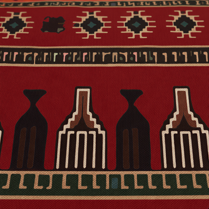 Close view of the red carpet bands with cream comb motifs, stars and a dark green border