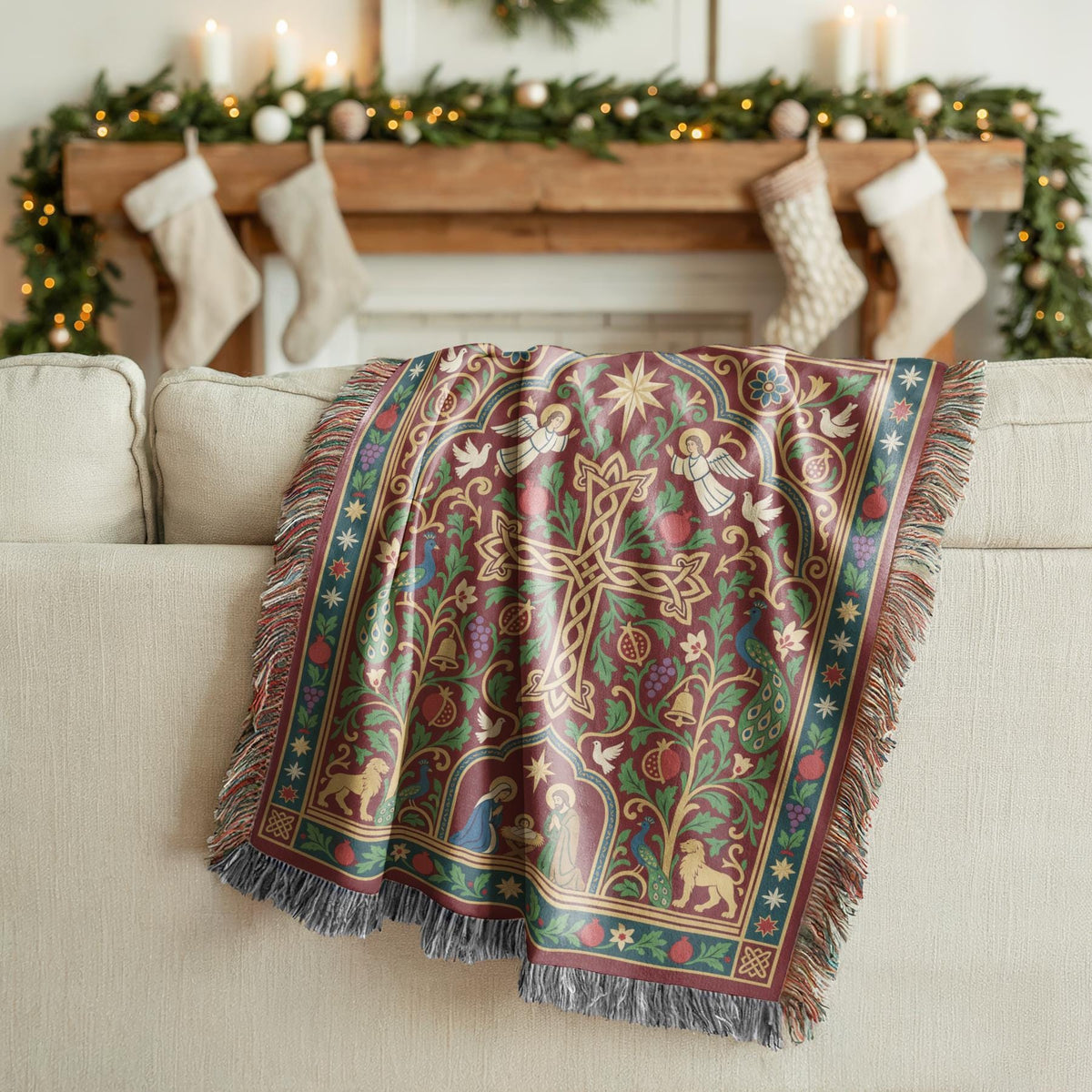 Armenian cross and Nativity Christmas woven cotton blanket shown in a styled room setting