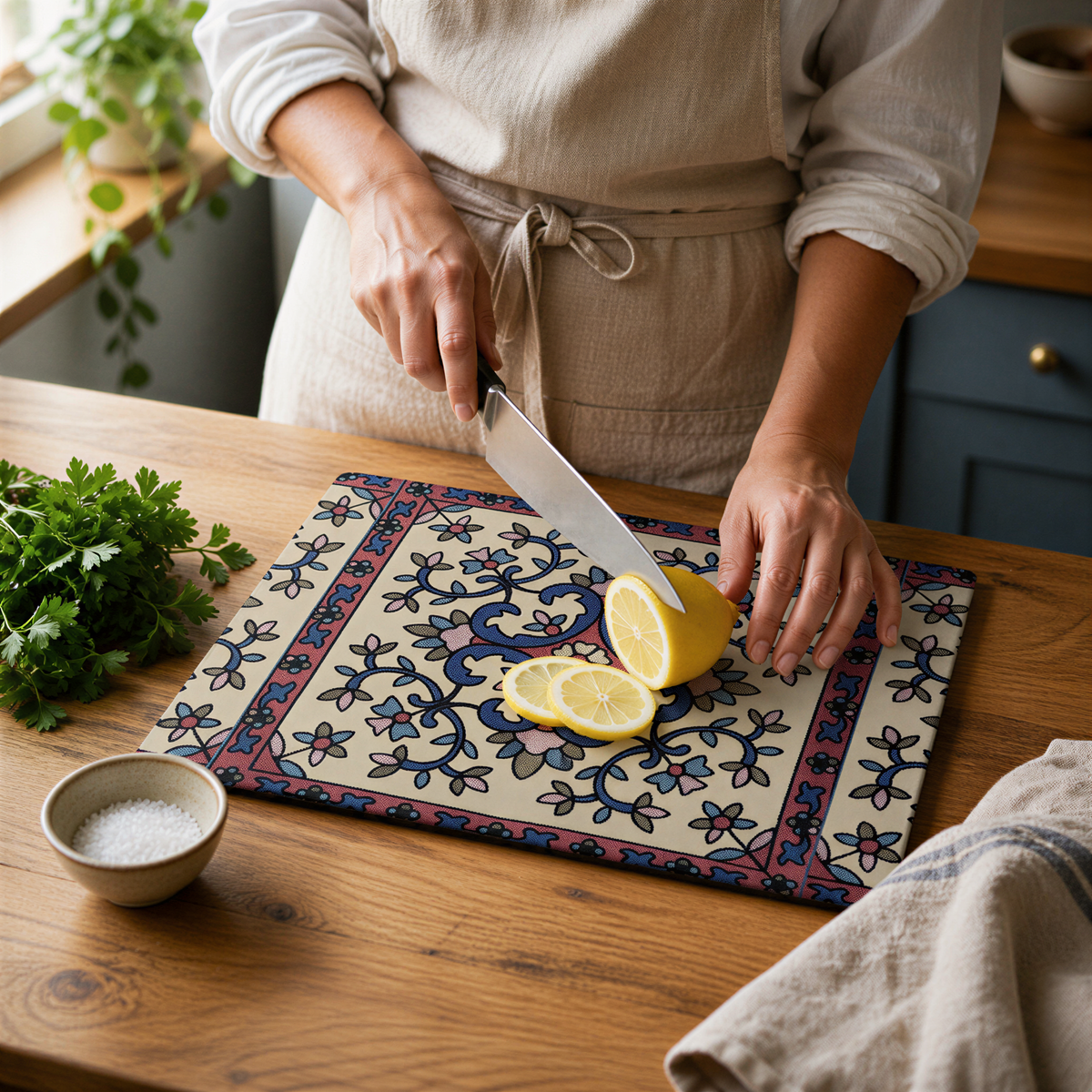 Armenian floral glass cutting board, a cook slicing a lemon on the blue and pink vine design