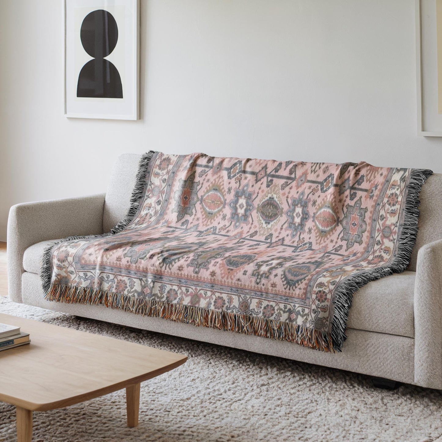 Caucasian Rug Inspired woven wall tapestry with geometric pattern styled as textile wall decor