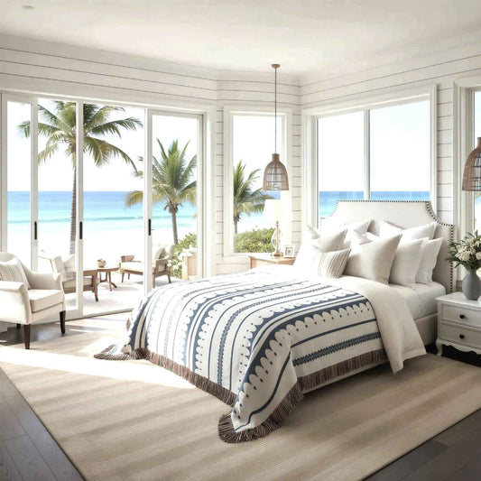 Modern Geometric woven blanket with geometric pattern styled for layered home decor