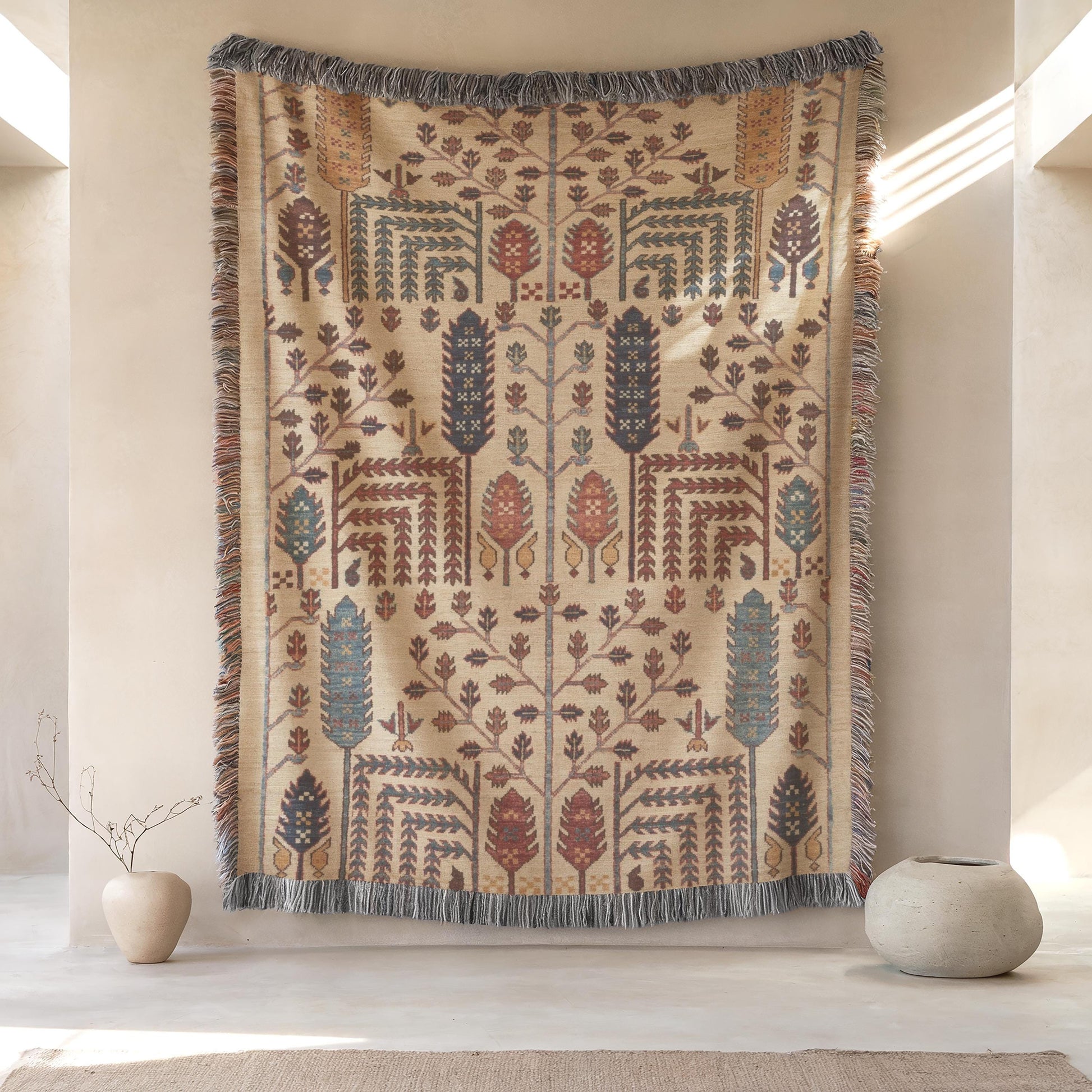 Persian Anatolian Wall Art – Woven Wall Hanging With Ear Of Wheat Symbol Decor