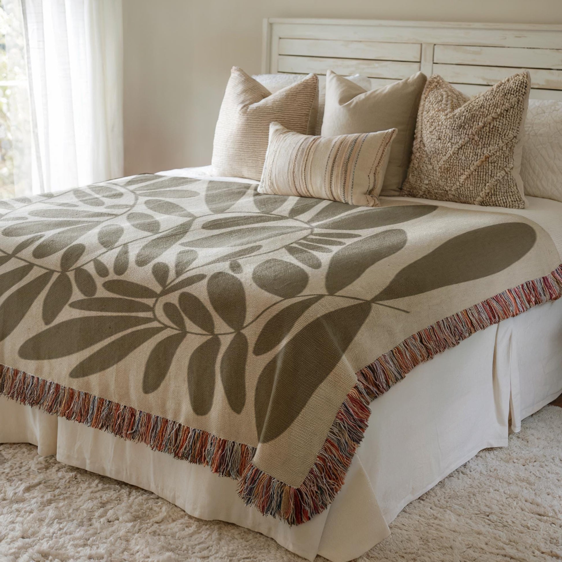 Woven Bedroom Blanket - Mid Century Modern Throw With Scandi Leaves Pattern | Cozy Home Decor