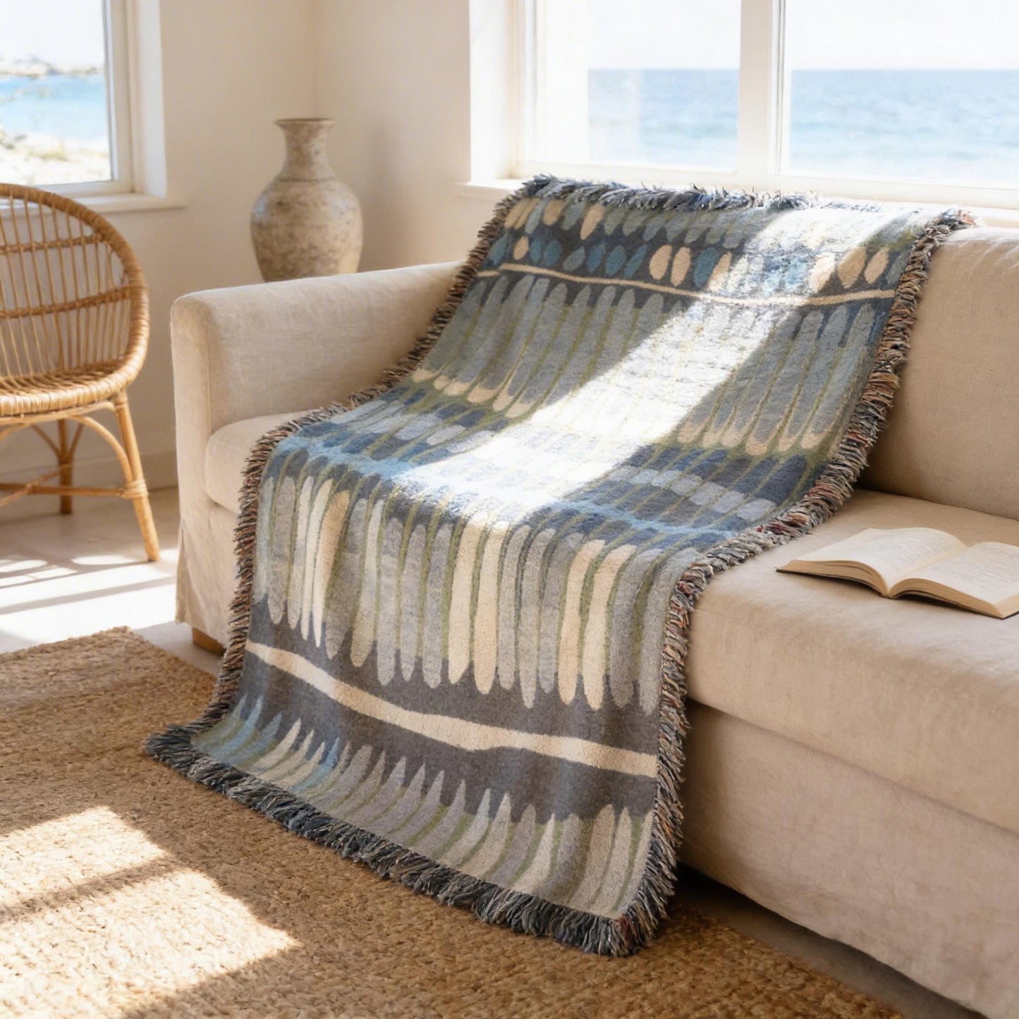 Modern Geometric woven blanket with geometric pattern styled for layered home decor