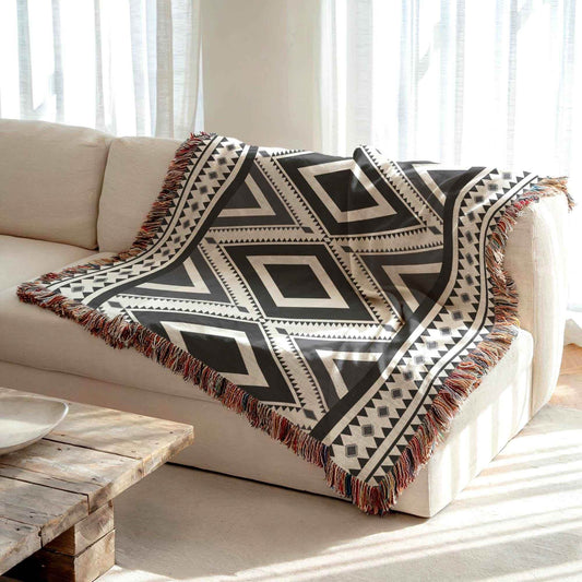 Navajo Cotton Throw Blanket - Geometric Design with Fringed Edge for Rustic Boho Decor - timelessbohochic.com