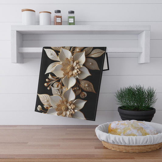 Poinsettia Tea Towel - Elegant White Gold Christmas Kitchen Decor & Holiday Gift