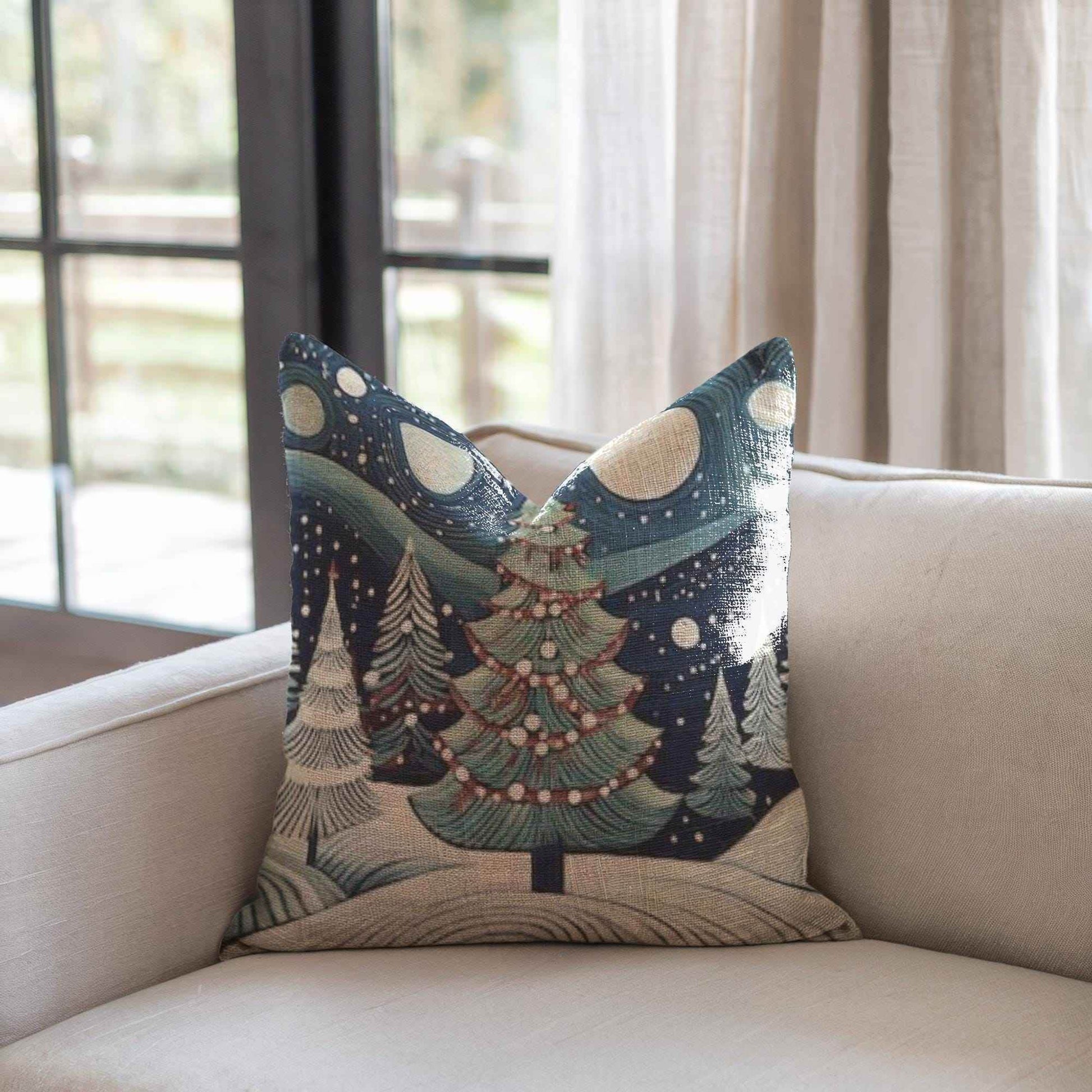 Christmas Throw Pillow - Handwoven Folk Art Cushion with Forest Landscape Design - timelessbohochic.com