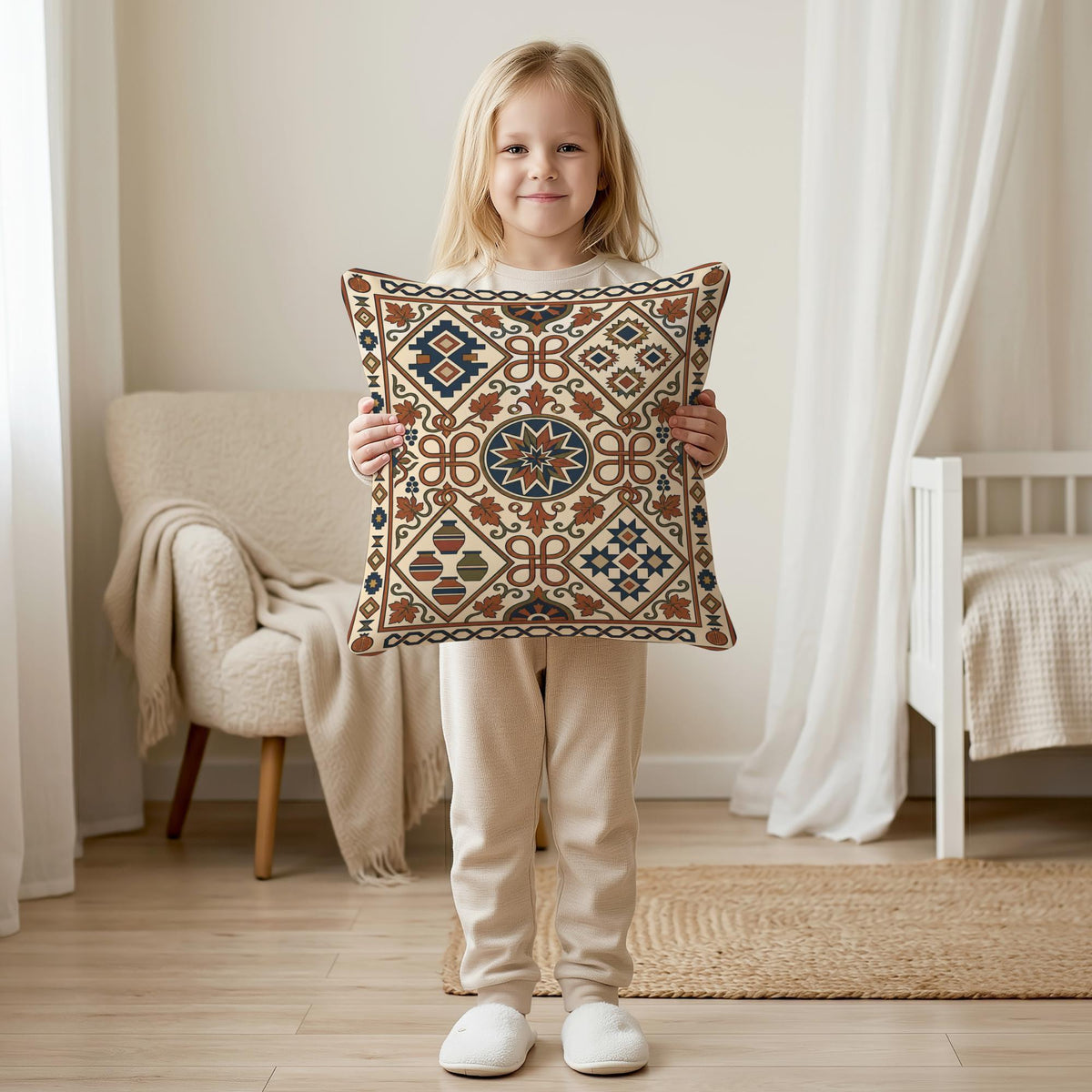 Kilim-style rust and teal woven throw pillow with geometric pattern