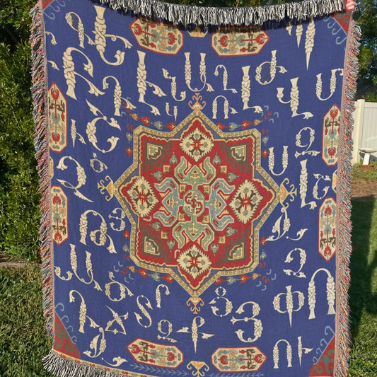 Armenian Alphabet Throw Blanket – Woven Cotton Yarn Fabric, Warm Cozy Throw
