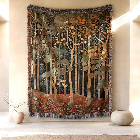 Scandinavian Inspired woven wall tapestry with rug-style pattern styled as textile wall decor