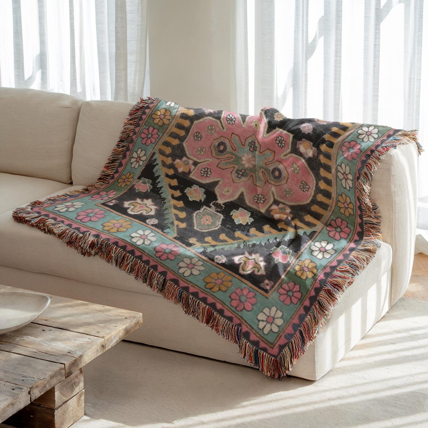 Caucasian Rug Inspired woven blanket with geometric pattern styled for layered home decor