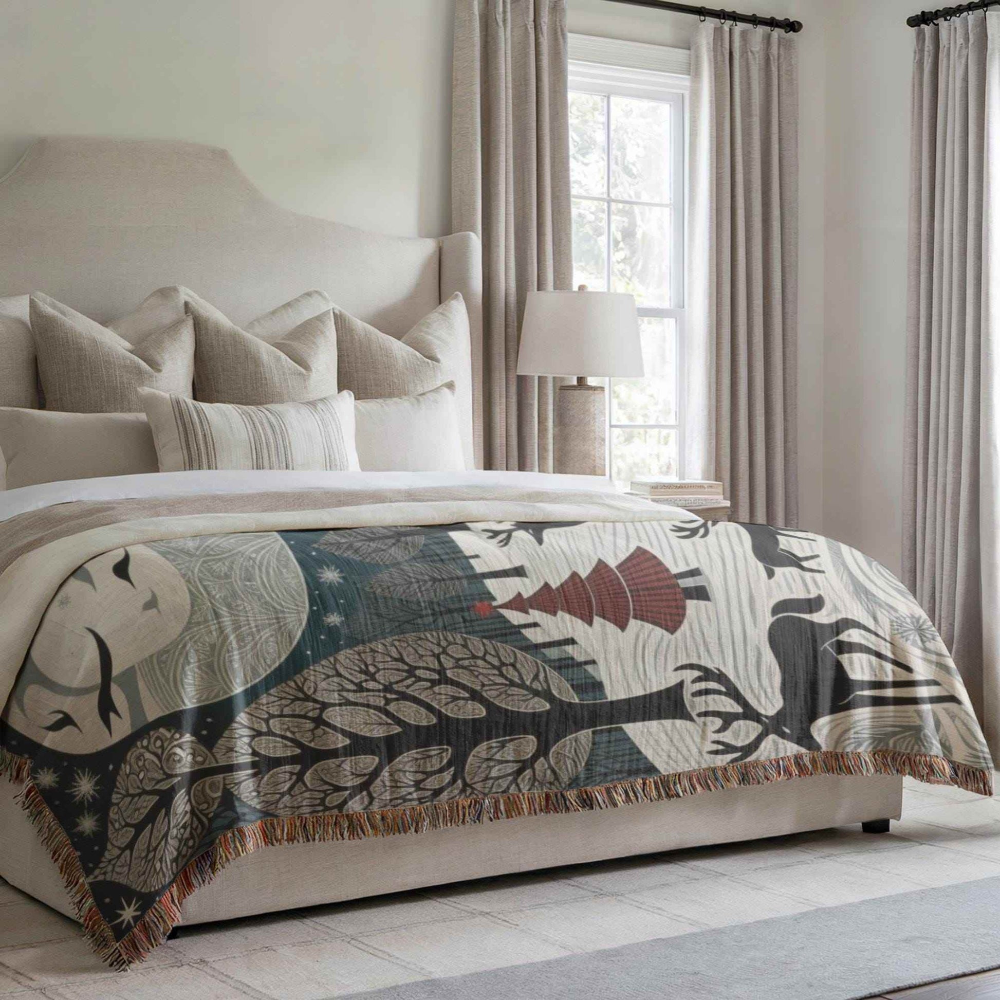 Christmas Bed Throw - Cozy Woven Cotton Blanket With Reindeer Gift - timelessbohochic.com