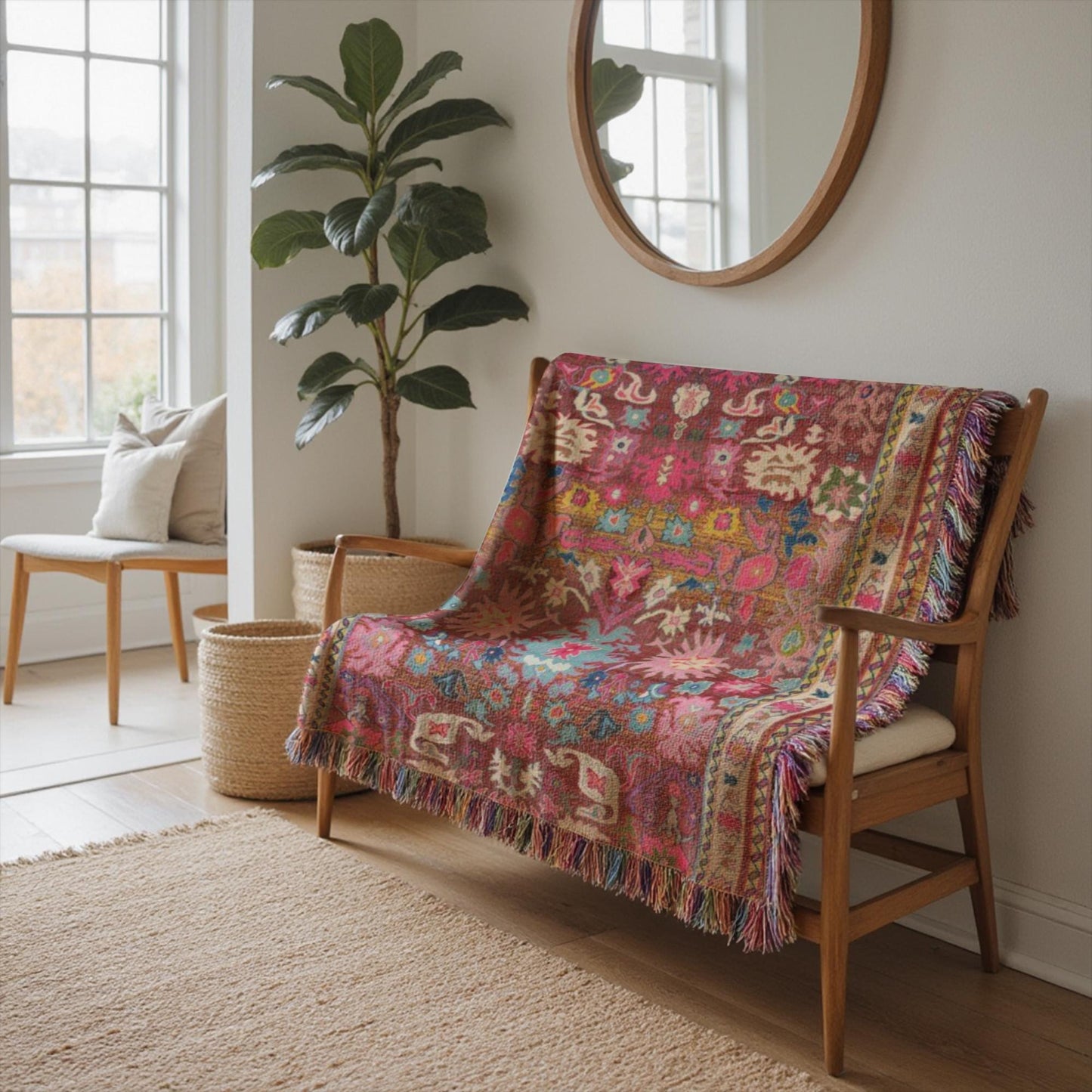 Boho woven blanket with rug-style pattern styled for layered home decor